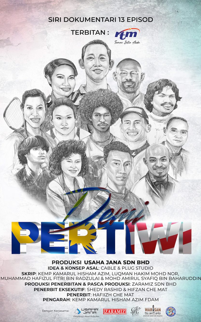 Official poster for the 13-episode documentary series 'Demi Pertiwi' produced by Zaramiz Sdn Bhd, displaying a large collage of black and white illustrated portraits of various prominent Malaysian individuals.