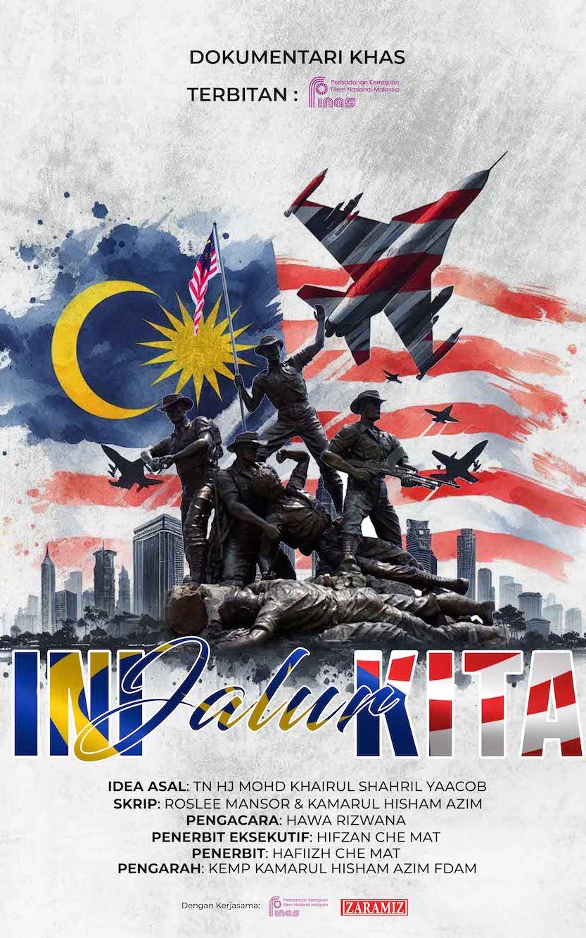 Official poster for the special documentary 'Ini Jalur Kita' produced by Zaramiz Sdn Bhd, showcasing a patriotic graphic design with the Malaysian flag, a military monument silhouette, and a fighter jet.