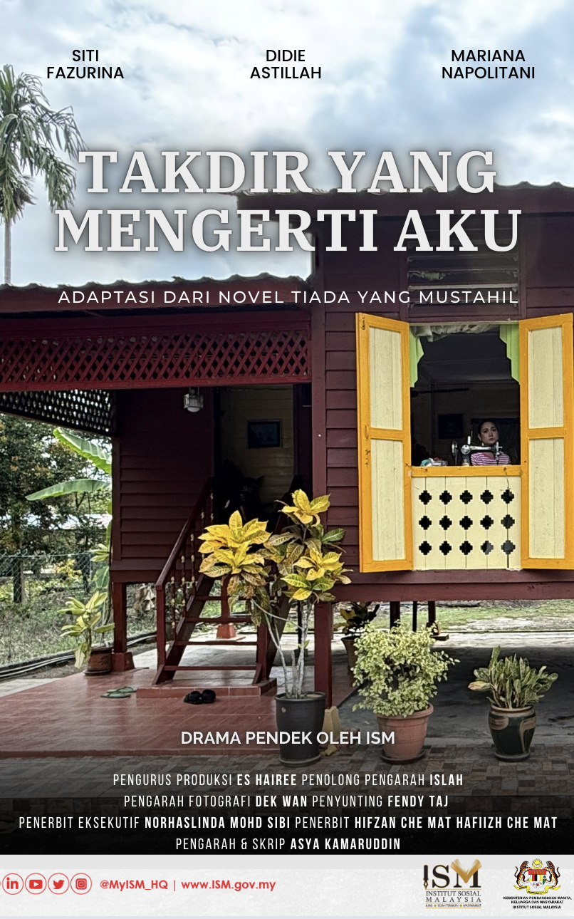 Official drama poster for 'Takdir Yang Mengerti Aku' produced by Zaramiz Sdn Bhd, showcasing a traditional Malay wooden house with potted plants in the front yard.
